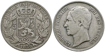 Бельгия 5 франков 1850 Леопольд I (1831-1865) KM 17 серебро    00-1067-9-32