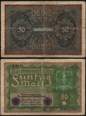 Германия 50 марок 1919 Pick 66 бумага 6293-9-2-2