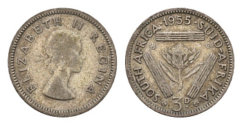 ЮАР 3 пенса 1955 Елизавета II (1952-2022) KM 47 серебро 4547-448