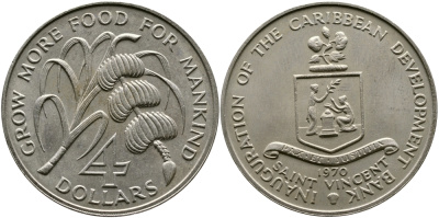 Сент-Винсент 4 доллара 1970 FAO, открытие Карибского Банка Развития KM 13 медно-никель UNC 00-000-00