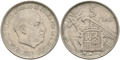 Испания 5 песет 1957 Франсиско Франко (1939 - 1975) KM 786 медно-никель 4155-517