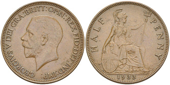 Великобритания 1/2 пенни 1933 Георг V (1910-1936) KM 837, Spink 4058 бронза 4514-1134