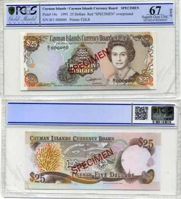 Каймановы острова набор из 4 банкнот 1991 образец, Specimen, в слабах PCGS - 5 долларов 65 Gem UNC, 10 долларов 65 Gem UNC, 25 долларов 67 Superb Gem UNC, 100 долларов 68 Superb Gem UNC Pick 12as, 13bs, 14s, 15s бумага 452-1-45