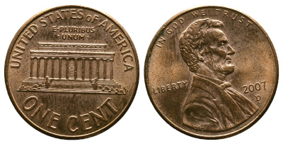 США 1 ЦЕНТ 2007 D KM 201 b медь цинк 4385-526