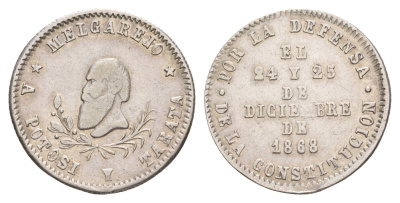 Боливия 1/4 мельгарехо 1868 Мануэль Мариано Мельгарехо, Герои декабря - Денежная медаль Burnett 110 серебро 1519-444