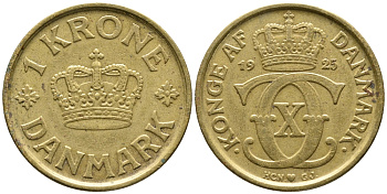 Дания 1 крона 1925 HCN; GJ, Кристиан X (1912-1947) KM 824.1 алюминиевая бронза 32-246