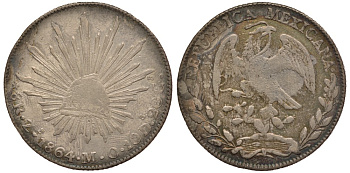 Мексика 8 реалов 1864 JA, монетный двор Zs (Сакатекас), красивая золотисто-голубая патина KM 377.13 серебро    00-803-73