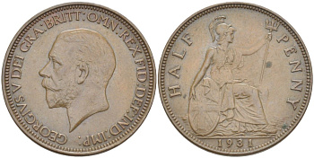 Великобритания 1/2 пенни 1931 Георг V (1910-1936) KM 837, Spink 4058 бронза 34-743