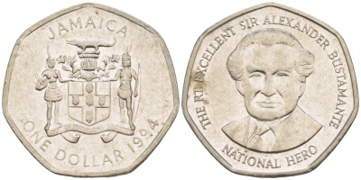 Ямайка 1 доллар 1994 Александр Бустаманте KM 164 никелированная сталь 4549-256