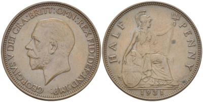 Великобритания 1/2 пенни 1931 Георг V (1910-1936) KM 837, Spink 4058 бронза 34-743