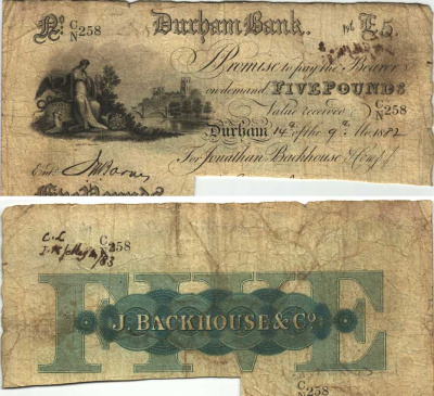АНГЛИЯ 5 ФУНТОВ 1882 ВЕКСЕЛЬ, ПОГАШЕНЫЙ, DURHAM BANK, ВЫПУЩЕН 14 ОКТЯБРЯ 1882 ГОДА, ДЛЯ JONATHAN BACKHOUSE & COMPANY бумага F-VF 6283-45-1-2
