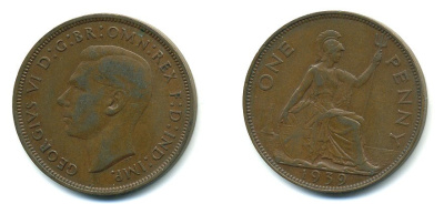 Великобритания 1 пенни 1939 Георг VI (1936-1952) KM 845, Spink 4114 бронза 4110-315
