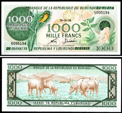 Бурунди 1000 франков 1989 Райская вдовушка, Зебу Pick 31 d бумага UNC (пресс) 451-735-1