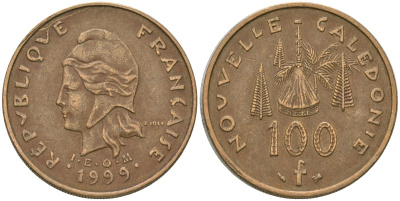 Французская Новая Каледония 100 франков 1999 хижина среди сосен и пальм, (IEOM) KM 15, Schoen 16, Lec 139c никель латунь 4140-1242