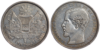Гватемала 1 песо 1866 Рафаэль Каррера KM 186.1 серебро 1525-1131