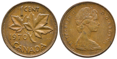 Канада 1 цент 1970 Елизавета II (1952-2022), кленовый лист KM 59.1 бронза 177-957