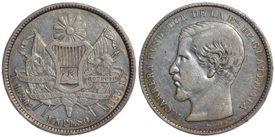 Гватемала 1 песо 1866 Рафаэль Каррера KM 186.1 серебро 1525-1131