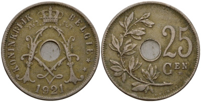 Бельгия 25 сантимов 1921 Belgie KM 69 медно-никель 33-1135