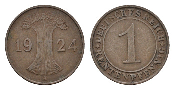 Германия 1 рентенпфенниг 1924 A KM 30, J. 306 бронза 4696-559