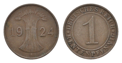 Германия 1 рентенпфенниг 1924 A KM 30, J. 306 бронза 4696-559