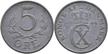Дания 5 эре 1944 N; S, Кристиан X (1912-1947) KM 834а цинк    4680-924