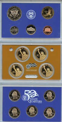 США официальный набор из 14 монет, в 3 пластиковых сетах 2008 годовой набор и юбилейные монет (1 доллар и 25 центов), в оригинальной коробке, сертификат KM PS 232   PROOF  8-2-03-14