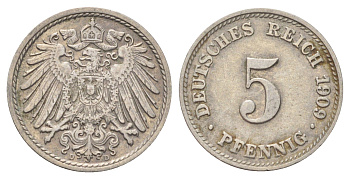 Германия 5 пфеннигов 1909 D KM 11, J. 12 медно-никель 4701-1042