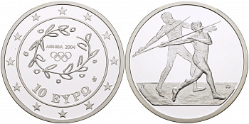 Греция 10 евро 2003 XXVIII летние Олимпийские игры 2004 года в Афинах, метание копья KM 193 серебро PROOF 04-101-11