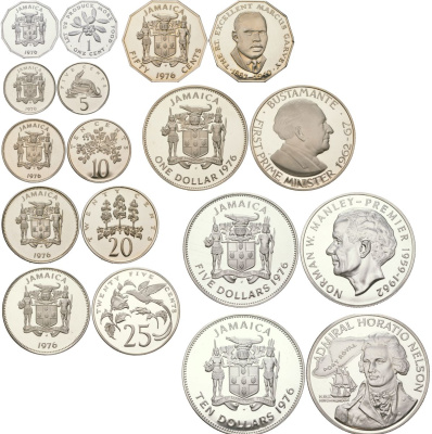 Ямайка полный набор из 9 монет (1, 5, 10, 20, 25 и 50 центов; 1, 5 и 10 долларов) 1976 Первый министр Ямайки - Норман Мэнли и Адмирал Горацио Нельсон KM 53, 54, 55, 56, 57, 62a, 68, 70 и 71a серебро и другие металлы PROOF 5-4-4-3