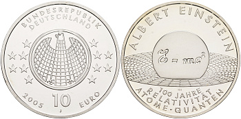 ФРГ 10 евро 2005 J, Альберт Эйнштейн, формула, 100 лет теории относительности KM 238, DE.S. 10.21 серебро PROOF 1076-3-52