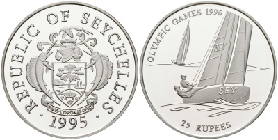 Сейшельские острова 25 рупий 1995 олимпийские игры 1996 года в Атланте, регата, тираж 30000 экз. KM 80 серебро PROOF 1095-10-34