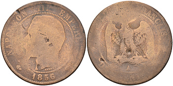 Франция 10 сантимов 1856 A, Наполеон III (1852-1870) KM 771.1, Le Franc 133.32 бронза 63-955