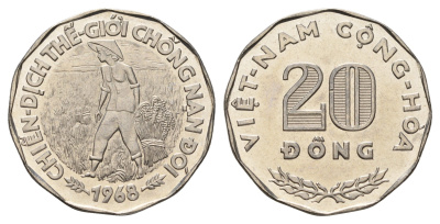 Южный Вьетнам 20 донгов 1968 ФАО, CHIẾN-DỊCH THẾ-GIỚI CHÕNG NẠN ÐÓI KM 11 сталь плакированная никелем UNC 4657-1125