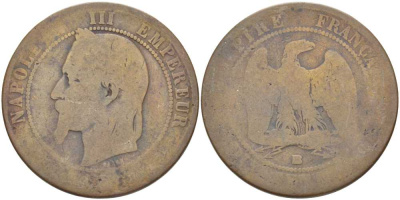 ФРАНЦИЯ 10 САНТИМОВ ND ВB, НАПОЛЕОН III (1852-1870) бронза 111-1025