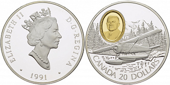 Канада 20 долларов 1991 самолет Де Хэвиленд Бивер, авиатор Филип Кларк Гаррат KM 197 серебро, позолота PROOF 1080-10-64