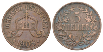Германская Восточная Африка 5 геллеров 1908 J KM 11 бронза 4127-241