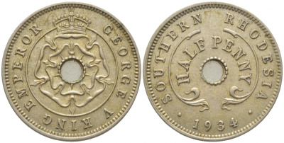 Британская Южная Родезия 1/2 пенни 1934 Георг V (1910-1936) KM 6 медно-никель 5010-721