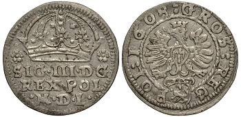 Польша 1 грош 1608 Сигизмунд III (1587-1632), вес 1,44 гр., Леварт KM 11 серебро 1516-1412