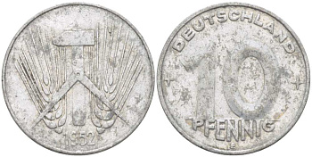 ГДР 10 пфеннигов 1952 E KM 7 алюминий 217-1145