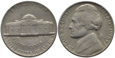 США 5 ЦЕНТОВ 1975 D, ДЖЕФФЕРСОН KM А192 медно-никель 31-632