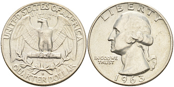 США 25 центов (квотер) 1963 Вашингтон KM 164 серебро UNC 4132-355