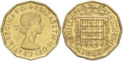 Великобритания 3 пенса 1967 Елизавета II (1952-2022) KM 900, Spink 4153 никель латунь 4556-633