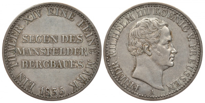 Пруссия 1 талер 1835 A, Фридрих Вильгельм III (1797-1840) KM 420, AKS 18, Dav. 764, Kahnt 371, Thun 251 серебро 00-1067-10-62