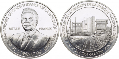 Руанда 1000 франков 1989 25 лет Национальному банку и 25 лет Независимости KM 17 серебро UNC 1071-9-21