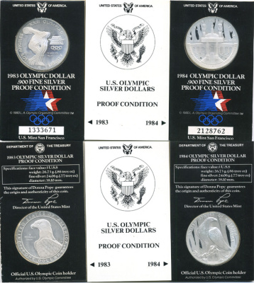 США набор из 8 монет по 1 доллару 1983-1984 XXIII летние Олимпийские игры в Лос-Анджелесе 1984 года, в оригинальных буклетах, в коробке, с сертификатом KM 209, 210 серебро UNC, PROOF 4-3-2-07