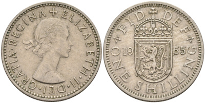 Великобритания 1 шиллинг 1955 Елизавета II (1952-2022), Шотландский герб KM 905, Spink 4148 медно-никель    4595-833