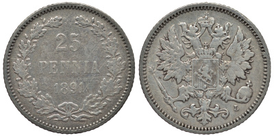 РОССИЯ ДЛЯ ФИНЛЯНДИИ 25 ПЕННИ 1891 L, АЛЕКСАНДР III KM 6.2, Биткин 240 серебро 443-815