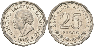 Аргентина 25 песо 1968 80 лет со дня смерти Доминго Фаустино Сармиенто KM 63 сталь плакированная никелем 4121-1157