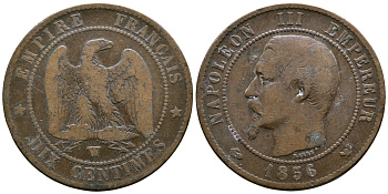 Франция 10 сантимов 1856 W, Наполеон III (1852-1870) KM 771.7, Le Franc 133.38 бронза 4179-1146