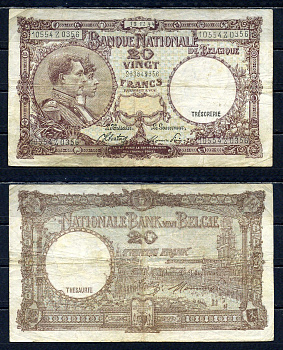 Бельгия 20 франков 1944 13.12.1944, Король Альберт I и его жена Королева Елизавета, Гран-Плас / Гроте Маркт, Брюссель Pick 111 (3) бумага 6301-10-1-1